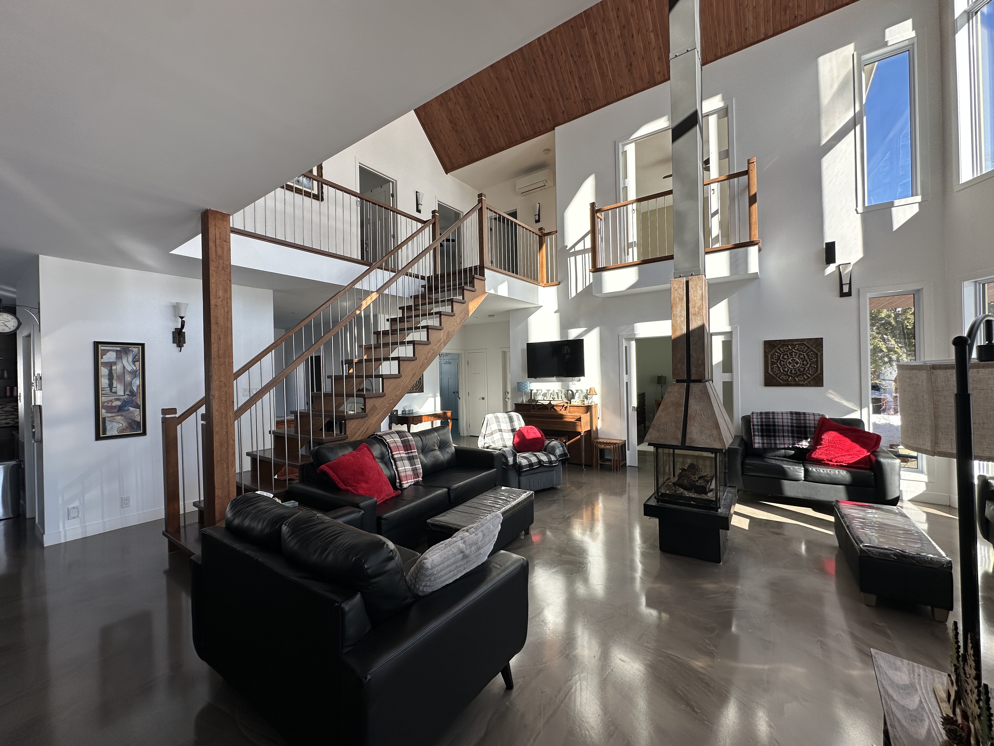 Salon principal avec foyer central et mezzanine